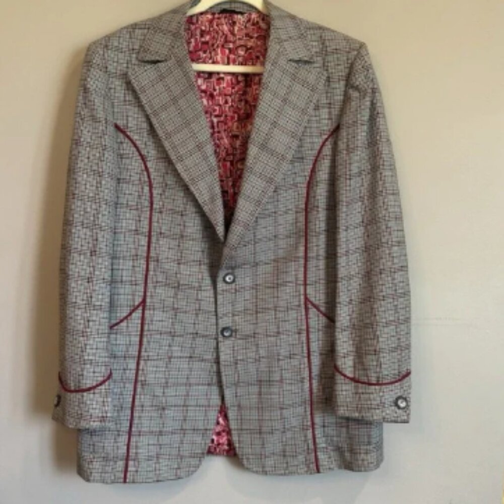 VTG Hollywood‎ Clothes Men's Rockabilly Sport Coat Pink Plaid Retro 44 Long